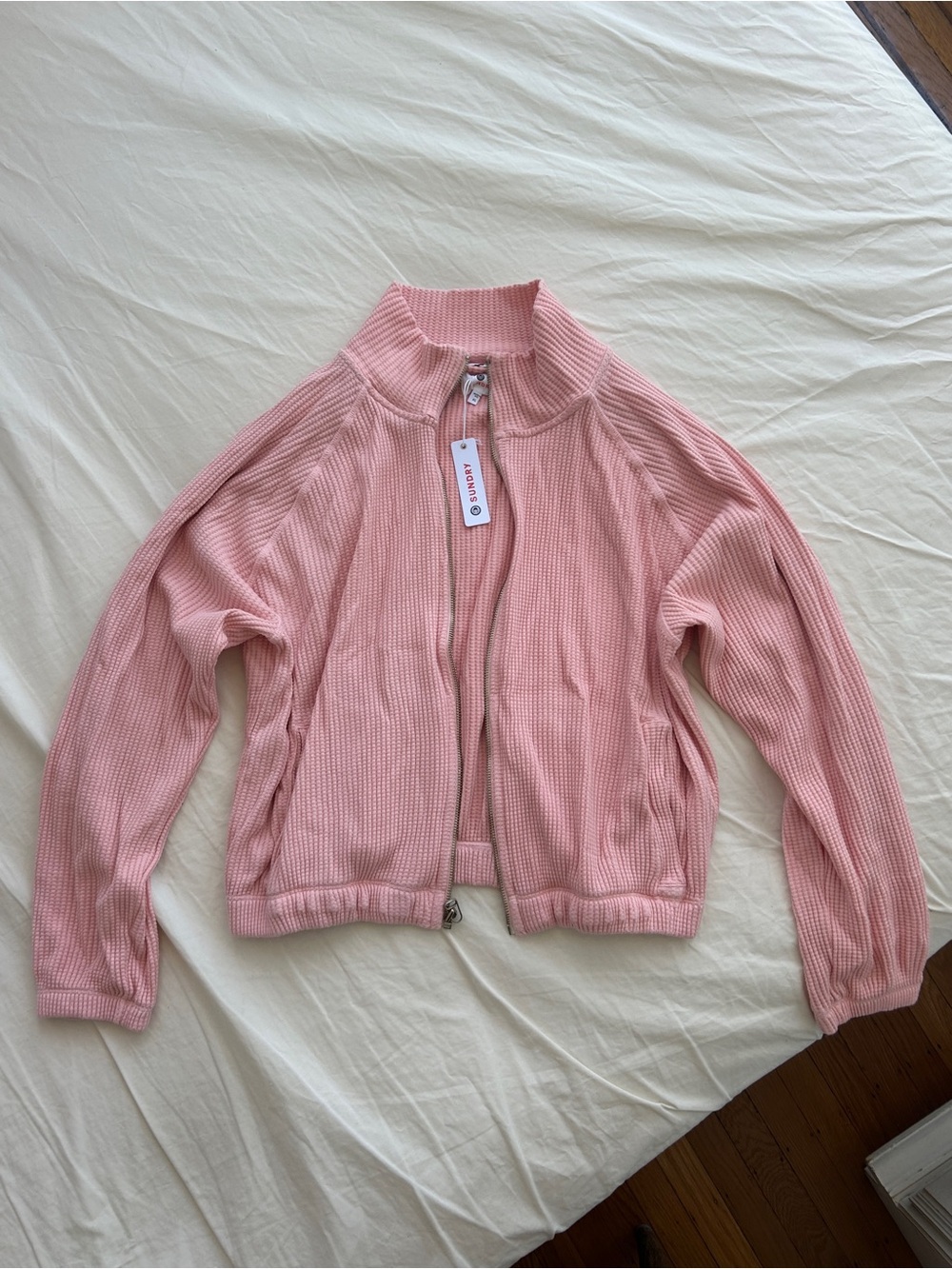 NWT Sundry Cute Cotton Waffle Pink Zip Hoodie Sweatshirt Jacket XL Anthropologie